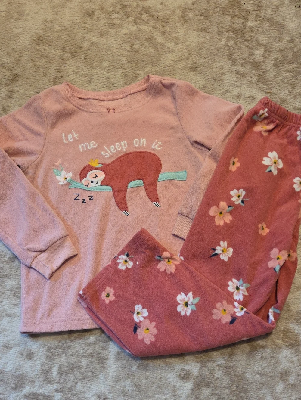 Carters Fleece Pink Floral Sloth Pajama Set